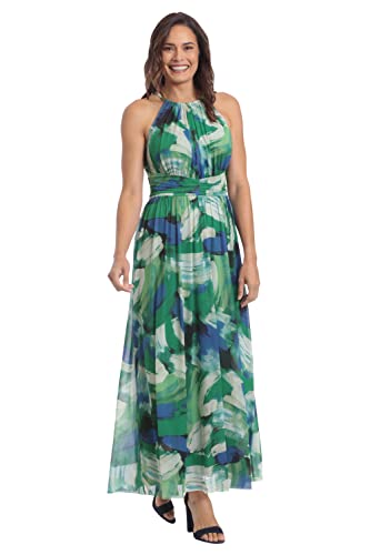 Image of London Times Women's London Times Mesh Halter Maxi Dress with Ruched Waistband Flowy Bohemian Beach Dresses