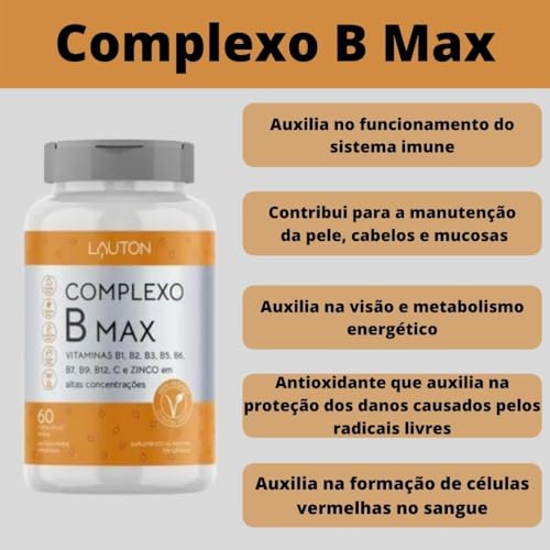 Complexo B - Max C/ B1 B2 B3 B5 B6 B12 Biotina Vitamina C e Zinco Ác. Fólico Vegano Lauton Nutrition