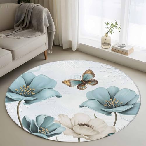 Round Rugs 4Ft, Blue Tulips Round Area Rug Washable Indoor