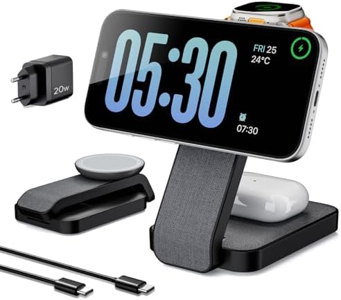 Eazpower Magsafe Ladestation für Apple Watch und iPhone 3 In 1 Faltbare | Magsafe Ladegerät Apple Ladestation mit Nachtlicht für Unterwegs iPhone 17~12, Apple Watch 11~2, AirPods -