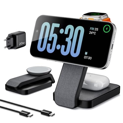 Eazpower Magsafe Ladestation für Apple Watch und iPhone 3 In 1 Faltbare, Schnellladen Magsafe Ladegerät Reise-Ladestation mit Nachtlicht für iPhone 17~12, Apple Watch 11~2, AirPods - Schwarz