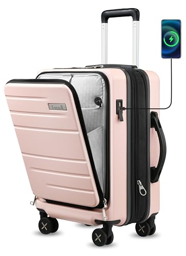 LUGGEX Carry On Luggage 22x14x9 Airline Approved, Expandable Polycarbonate Suitcase with Front Pocket and USB Port (Pink, 20 Inch, 35L)