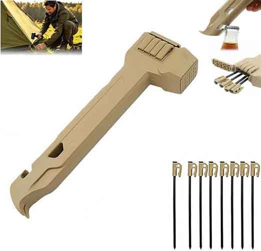 2-in-1 Camping Hammer with Stake Puller and Built-in Storage for 8 Tent Stakes Mallet Driver Pegs Bottle Opener Lightweight Outdoor Hiking Backpacking Canopy Tarp Setup (Beige)