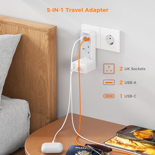 UK to European Travel Plug Adapter, TESSAN Grounded EU Euro Europe Travel Adapter with 3 USB (1 USB C) - Image 2