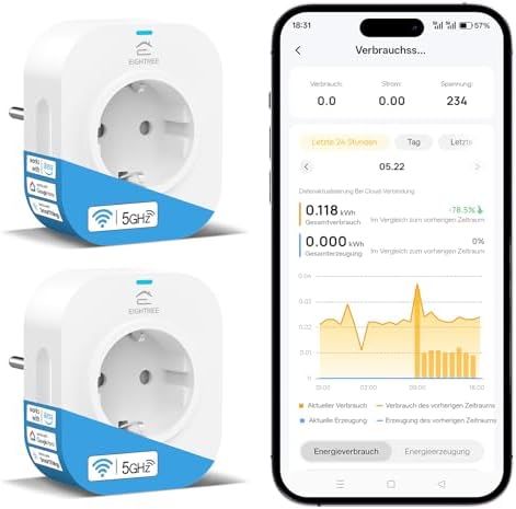 EIGHTREE WLAN Steckdose Balkonkraftwerk mit Strommessung, 2,4 & 5 GHz Smart | Stromverbrauch & Einspeisung messen, Energieüberwachung für Balkonkraftwerk, 16A 3680W, Alexa & Google