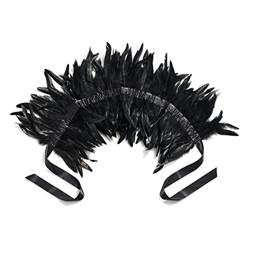 Niceyoeuk Women Natural Feather Cape Maleficent Costume Gothic Lacing Shawl Shrug Collar Feather Cape for Halloween Cosplay Christmas Party (Black, One Size) - Image 3