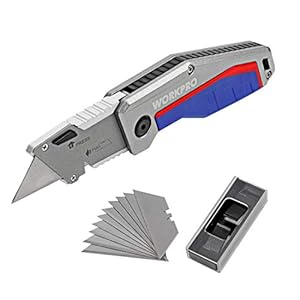 WORKPRO Cuchillo Plegable, Cúter plegable con Mecanismo de Cambio Rápido, Cortador Profesional con Mango de Aluminio Antideslizante, con 10 Cuchillas SK5 de Repuesto, Cuchillos para Alfombras