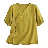 [mimii] Linen Shirts For Women 2025 Cotton Summer Retro Embroidered Tops Casual Trendy Vacation Blouse (Yellow, XXXL)