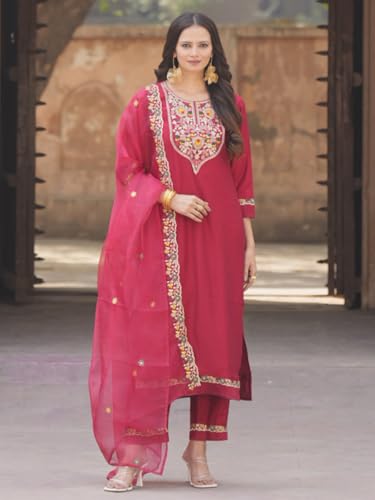 Image of VredeVogel Kurta Set with Dupatta | Viscose Rayon Embroidered Kurta Set for Women | Women's Ethnic Casual Kurti Set |Kurta Pant Festive Suit