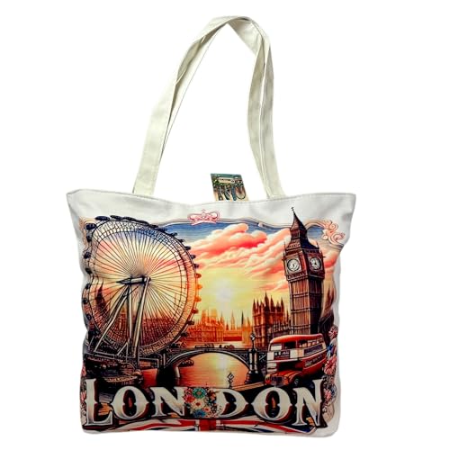 Sac souvenir de Londres – Sac fourre-tout en toile motif Union Jack – Sacs réutilisables en coton pour courses à main et épaule, 1 sac London - B,...