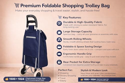 Image of KriShyam Heavy Duty Folding Shopping Trolley Cart | Portable Grocery Cart with Wheels | Durable Fabric Bag with Large Capacity | Lightweight & Easy to Carry (2 Wheel Navy)