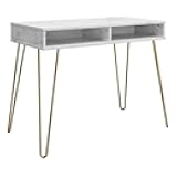 Novogratz Athena Computer Desk with Storage, White Faux Marble