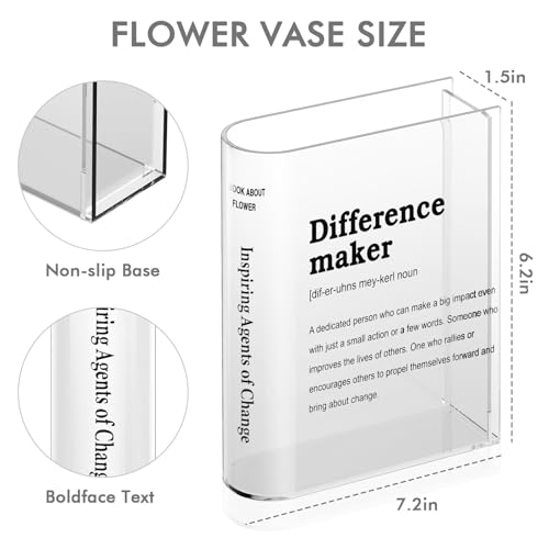 Book Vase For Flowers, Difference Maker Transparent Flower Vase For Home Office Bookshelf Living Room Bedroom Decor,Gifts For Book Lovers.