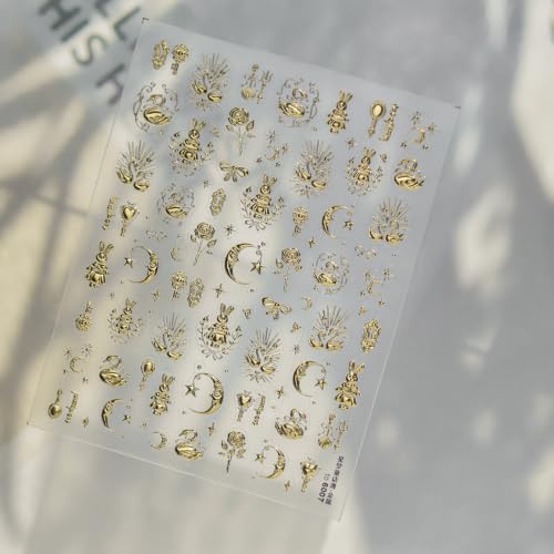 Image of Vintage Nail Stickers Moon Rose Bow Self Adhesive Nail Art Decal Decoration | Metallic Golden Retro Design Rabbit & Swan Nail Stickers 5D Embossed Decals for Women Luxury Style Nail Art Charms Supply
