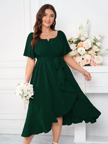 Womens Plus Size Midi Dress Short Sleeve Square Neck Flowy A Line Elegant Cocktail Party Dresses for Wedding Guest - Image 6