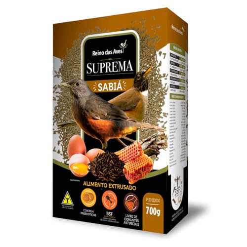 Ração Sabiá Suprema 700g Extrusada Sem Corante Super Premium Laranjeira Corrupião Pássaro Preto Com Farinha de Larvas Insetos BSF Reino das Aves