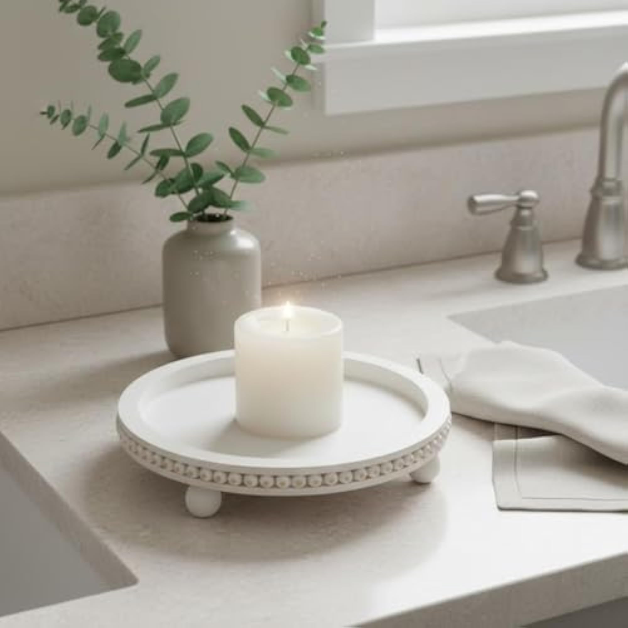 Elegant Wood Candle Holder Tray, Sturdy Round Design