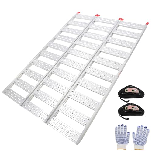 Aluminum Ramps for Pickup Trucks 1500Lbs Tri-Fold Ramp with Treads, Folding Ramp with Load Straps for Motorcycles,Truck Bed, ATV/UTV, Trailer, Tractor