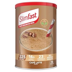 SlimFast Maaltijdvervangende shake voor gewichtsverlies en evenwichtige voeding, vitaminen en mineralen, caloriearm, eiwitrijk, café latte-smaak, 16 porties, 584 g, verpakking kan variëren