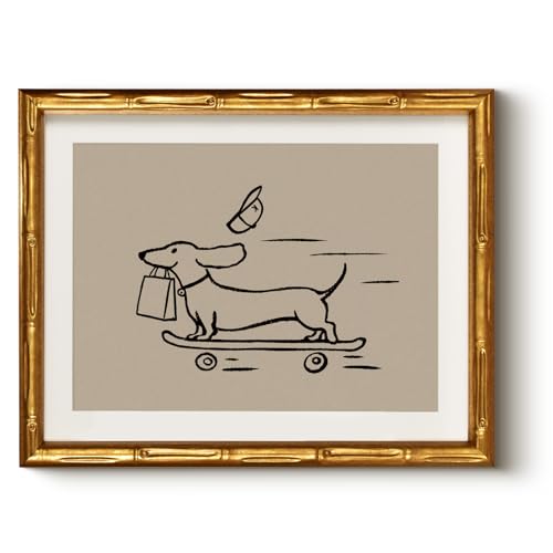 Cute Skateboarding Dog Gold Framed Canvas Wall Art 11x14, Modern