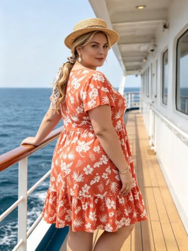 Image of Women's Plus Size Casual Dress Crew Neck Ruffle Floral Short Sleeve Summer Midi Dresses with Pockets