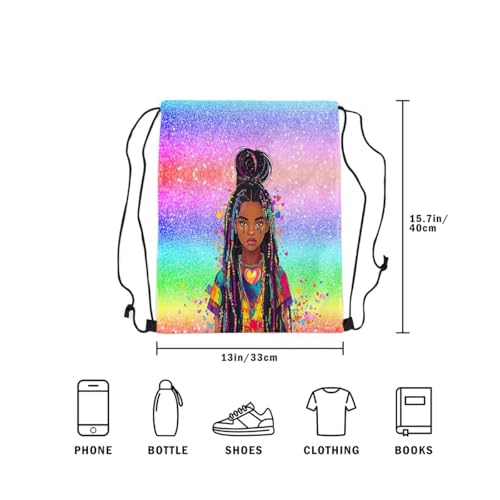 Image of jejeloiu Cute Black Drawstring Backpack 13x15.7inch African American Waterproof Gym Drawstring Bags Colorful Sports String Backpack Beach Swim Travel Bag Sackpack(No Glit