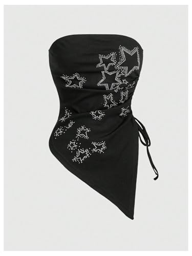 SHENHE Women's Plus Size Star Print Tube Top Ruched Drawstring Asymmetrical Fitted Y2k Bandeau Top3