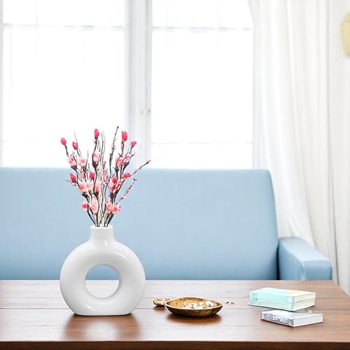 Image of Modern Ceramic Ring Vase Pink Floral Stems, White, Decorative Flower Holder for Home (4 INCH)