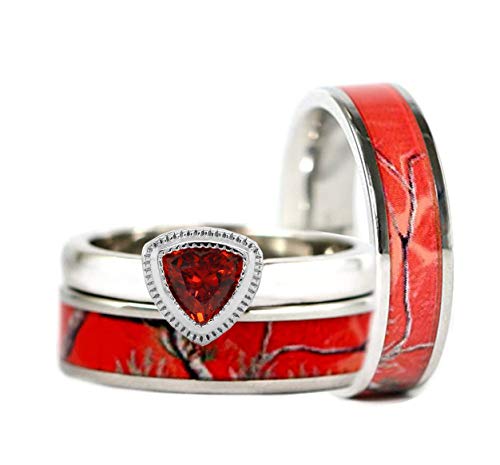 QUALITY IMPROVED 3pc His & Hers Red Camo Stainless Steel Band 925 Sterling Silver Ruby Engagement Wedding Ring Set