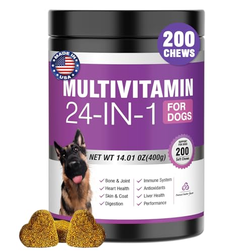24-in-1 Dog Vitamins and Supplements 200 Ct Dogs Multivitamin Chewable Contain Chondroitin Probiotics Omega-3 Glucosamine for Dogs Skin Coat Heart Joint Gut Digestion Liver Brain Eyes Immune Support