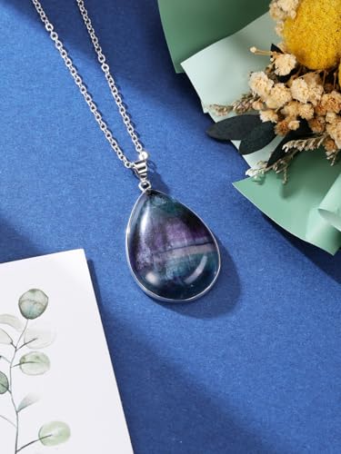 Jovivi Rainbow Fluorite Crystal Teardrop Pendant Necklace Natural Healing Stone Reiki Quartz Gemstone Necklace Jewelry for Women Men2