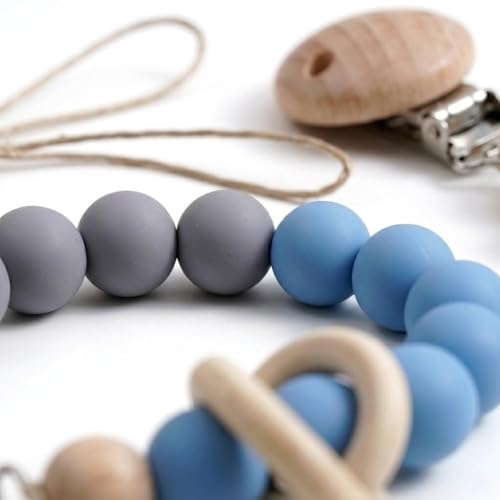 Image of 2Pcs Silicone Pacifier Clip with Natural Wooden Rings, Grey and Blue Pacifier Holder Binky Clips for Baby Boys (Blue)
