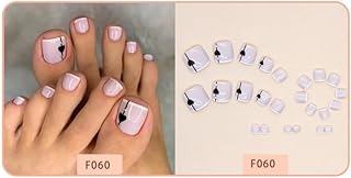 French Manicure Press on Toenails with Rhinestones Black Heart - Square Short Full Cover Fake Toenails 24PCS Toe Nails Fake Nails with Glue Sticker, Glue Stick and Nails File False Gel Toes Nails Tips Sets for women Teens Girls