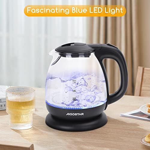 Aigostar Small Electric Kettle, 1.0L Black Glass Kettle Cordless, Compact Mini Clear Water Tea Kettle Fast Quiet Boil for Kitchen Bedroom Office, 2200W - Elfin 30A0Q