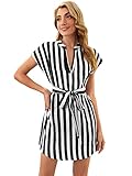 WDIRARA Women's Striped Notched V Neck Short Sleeve Belted High Low Casual Shirt Dress Black and White L