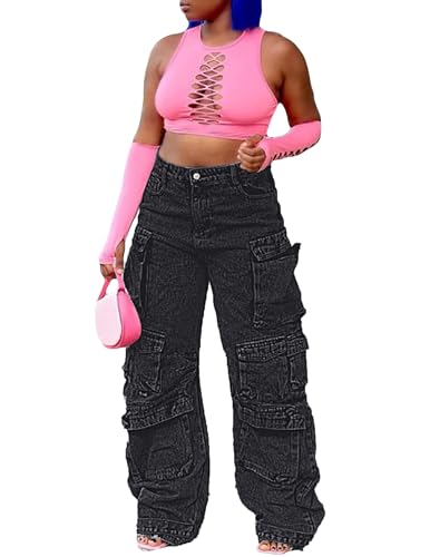 LKOUS Women's Y2K Baggy Straight Wide Leg Cargo Jeans, Streetwear