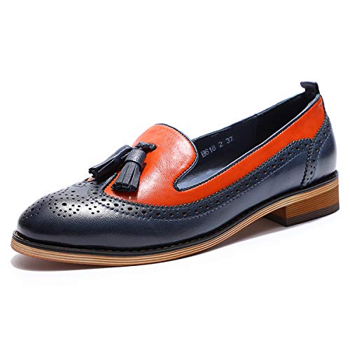 Image of Mona flying Women's Leather Tassel Loafers Slip on Brogue Flat Office Shoes