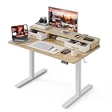 Grandder Electric Standing Desk with Two Drawers, Sit to Stand Up Height Adjustable Desk with Storage Shelf for Home Office, 47 * 24 Inch, Study, Ergonomic Adjustable Computer Desk, Oak