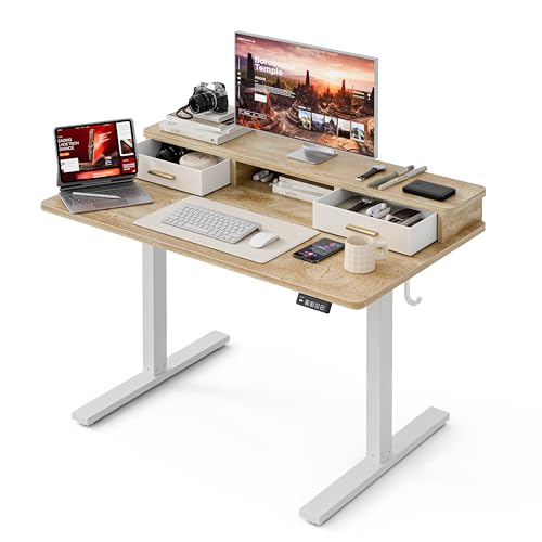 Grandder 47 * 24 Inch Electric Standing Desk with Two Drawers, Sit to Stand Up Height Adjustable Desk with Storage Shelf for Home Office, Study, Ergonomic Adjustable Computer Desk, Oak by Grandder - Used condition - CA$167.39