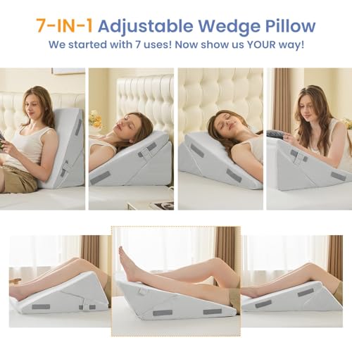 Image of Sasttie Wedge Pillow for After Surgery, Adjustable Bed Wedge Pillow Headboard for Acid Reflux, Sleeping, Neck & Back Support, with Removable Cover, Light Grey & White