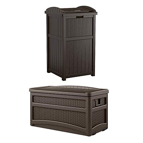Suncast 73 Gallon Deck Box W/ Seat & Trash Hideaway Outdoor Garbage Bin, Java #TOP11
