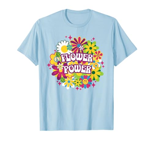 70s Retro Floral Happy Face Flower Power Hippie Women Girls T-Shirt