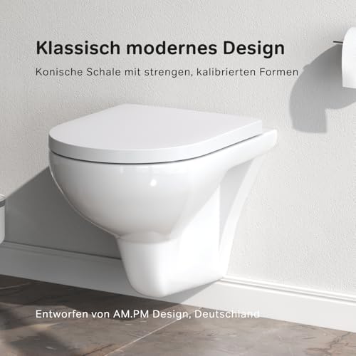 AM.PM Hit - Spülrandloses Wand-Hänge-WC inkl. WC-Sitz mit Soft-Close-Absenkautomatik - Wand-WC Hängend ohne Spülrand, Hänge-Toilette Spülrandlos aus Keramik, Tiefspüler WC, FlashClean, Weiß
