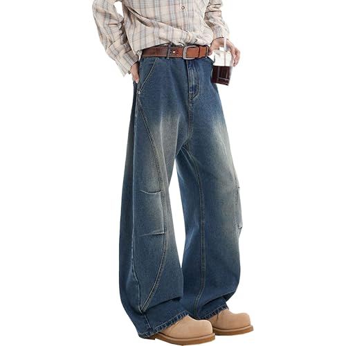Men'sHip Hop Baggy Jeans Wide Leg Denim Pants Casual Loose Fit Trousers Streetwear