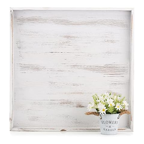 Extra Large Ottoman Square Tray: Hanobe Whitewashed Serving Tray for Ottomans Rustic Wood Tray Decor with Cutout Handles for Coffee Table Living Room 24" x 24" Cover