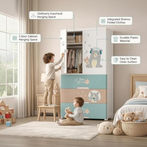 Image of LERIMO Plastic Wardrobe for Clothes | Portable Foldable Wardrobe Almirah for Bedroom | Kids & Baby Clothes Storage Cupboard | Collapsible Plastic Storage Cabinet | Almirah for Kids Clothes