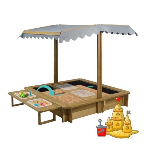 Outdoor Kids Sandbox with Lid, Wooden Sand Box with Cover, with 2 Side Buckets, Adjustable Canopy & UV-Protection, Smooth Surface, Sand Box for Kids A