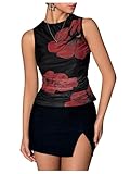 Milumia Women's Floral Mesh Tank Top Y2k Ruched Going Out Tops Beach Vacation Clothes, Black, Small