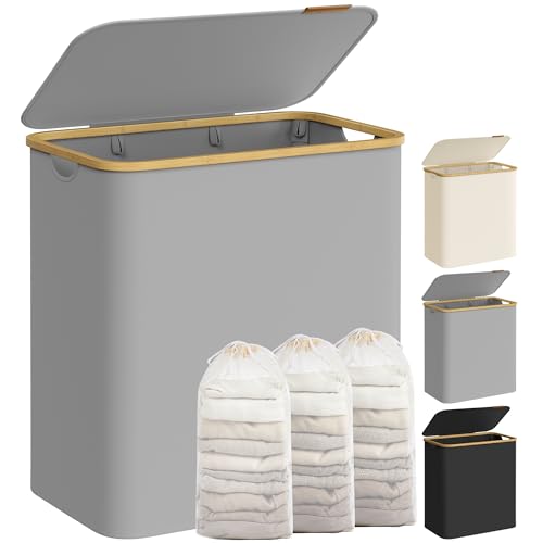 SONGMICS Panier à Linge avec Couvercle à 3 Compartiments, 150L, Sac Amovible, Tissu Oxford, Poignées en Bambou, Pliable, 60 x 38,5 x 70,5 cm, Gris...