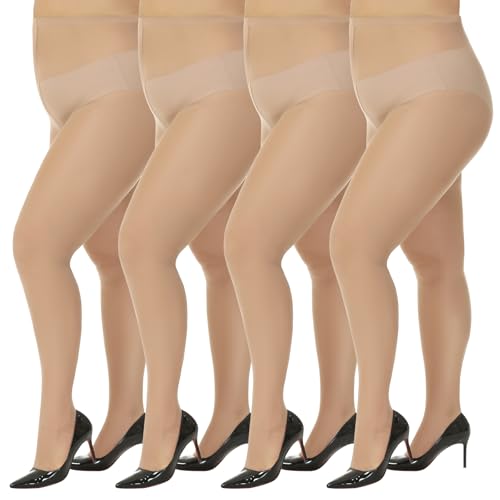 MANZI Women's Plus Size Pantyhose 4 Pairs Sheer Nylon Tights